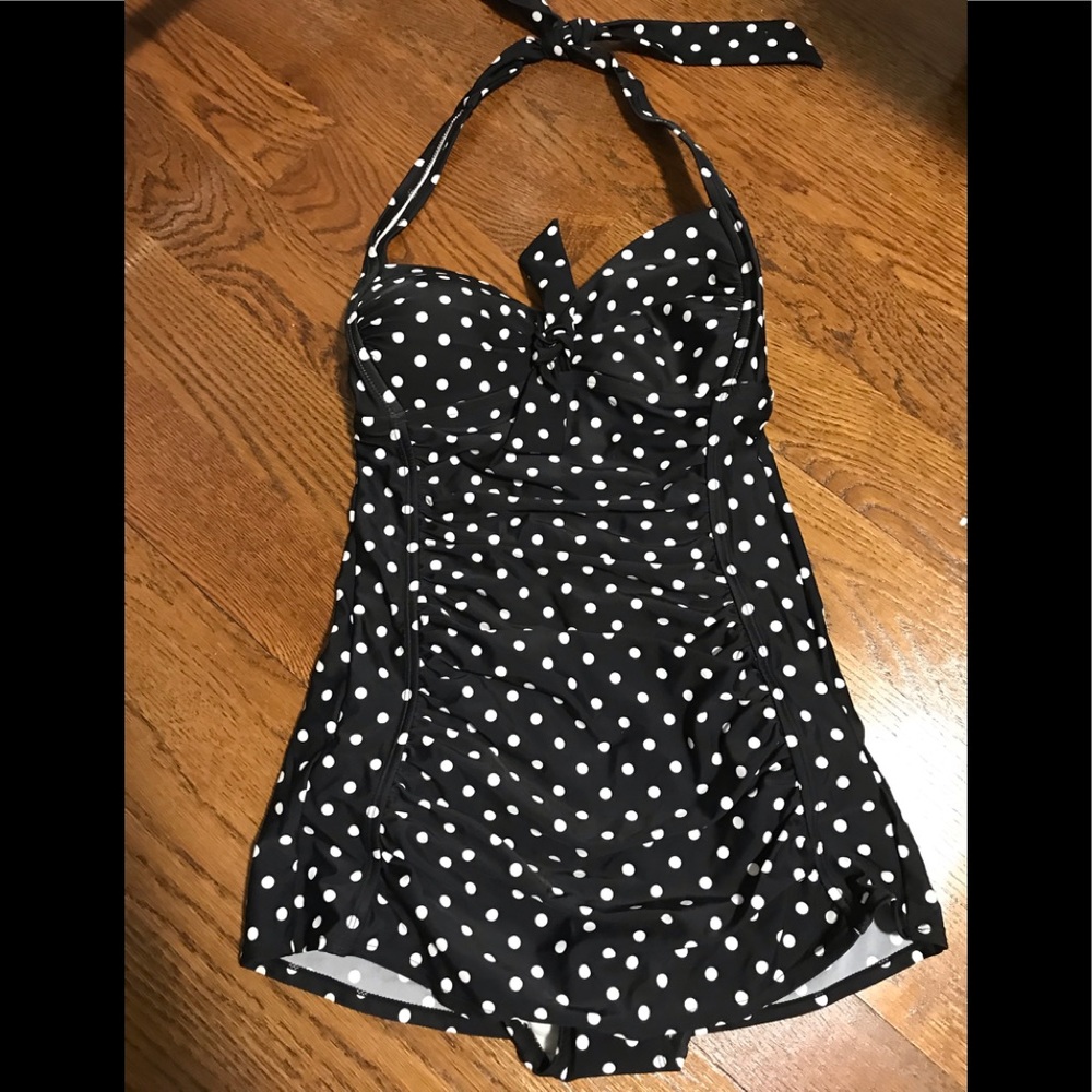 Black and white polka dot bathing suit